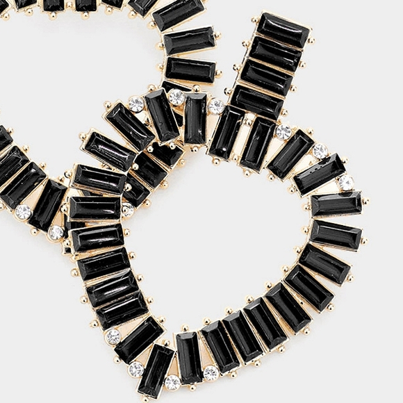 Black Heart Dangle Hoop Earrings Cluster Rectangle Rhinestone Crystal Jewelry - Picture 2 of 2